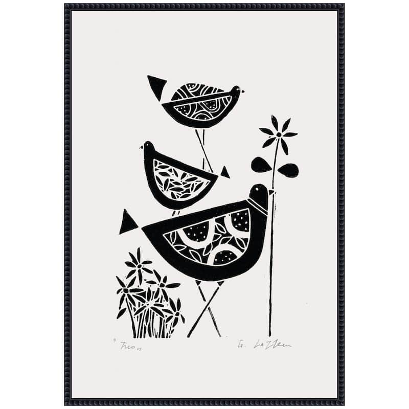 Kate and Laurel Sylvie Folk Bird Family Trio Linocut Framed Canvas by Giuliana Lazzerini