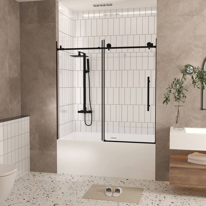 GDFStudio - Aldridge Frameless Sliding Bathroom Shower Door, Adjustable Width with Clear Tempered Safety Glass