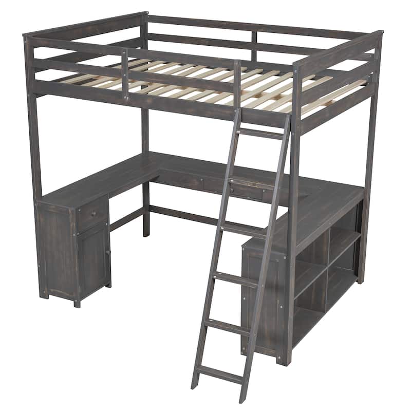 Full Loft Bed with U-Shaped Desk, Storage Drawers, Shelves, and Guardrails, Perfect for Kids and Teens, No Box Spring Needed