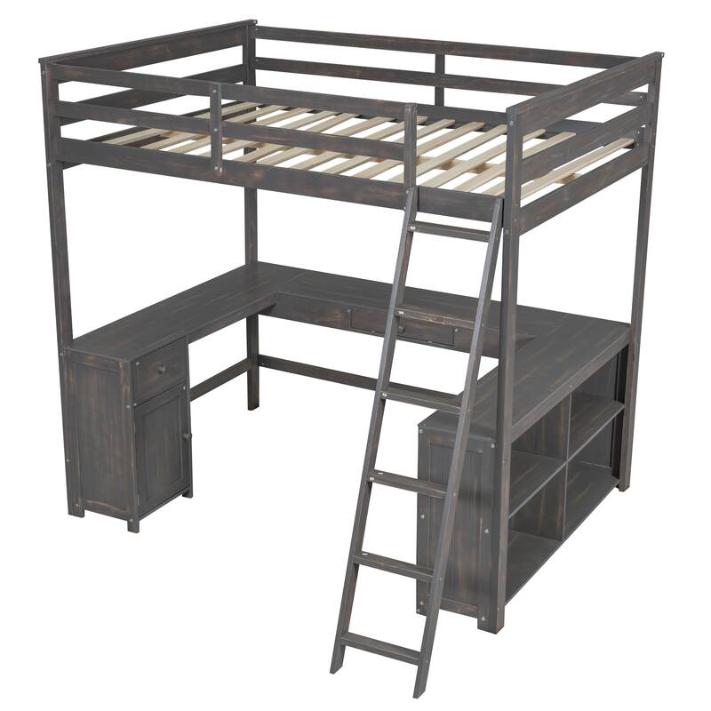 Roomfitters Full Size Wood Loft Bed with U-Shaped Desk, Drawers and Storage Shelves, Antique Brown