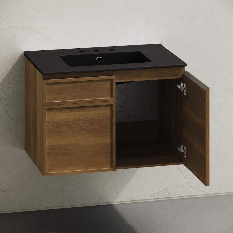 St. Tropez 30" Wall-Mounted Bathroom Vanity In Brown Oak With Black 3-Hole Widespread Sink Top - 30