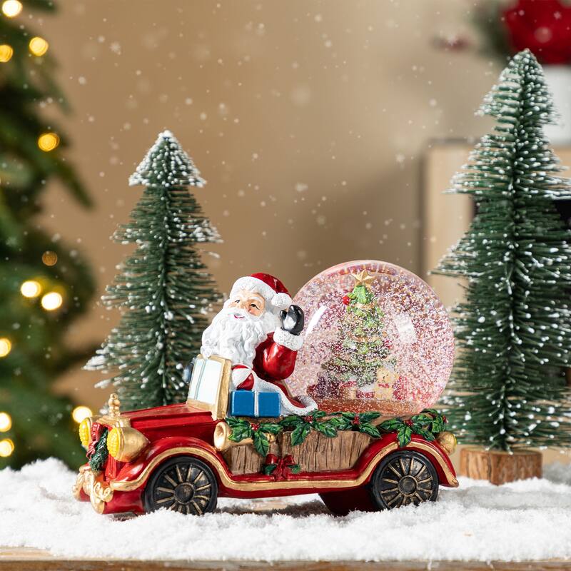 Glitzhome 100mm Christmas Resin Lighted Musical Snowflakes Santa Car Waterglobe
