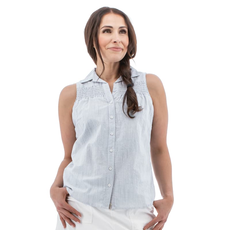 Old Ranch Women's Saguaro Smocked Button Front Tank - Blue Stripe - S