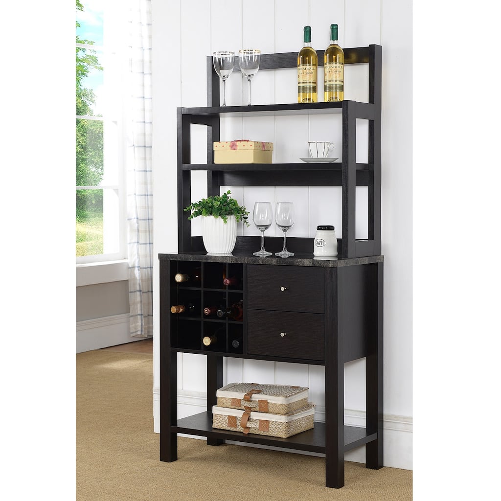 Wood Bakers Cabinet with Three Display Shelves and Wine Compartment, Espresso