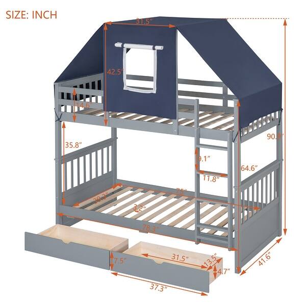 dimension image slide 2 of 4, Twin Over Twin Playhouse Style Castle Style Bunk Bed Wooden Bed Frame with Tent and 2 Drawers (No Box Spring Needed)