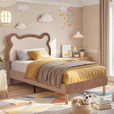 VECELO Teddy Bear Kids Bed Frame Adjustable Headboard Light Brown Finish Twin Beds for Kids No Box Spring Needed