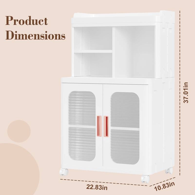 VECELO White Plastic Storage Cabinet with Wheels and Transparent Doors No Tools Assembly Required Multi-Purpose Organizer