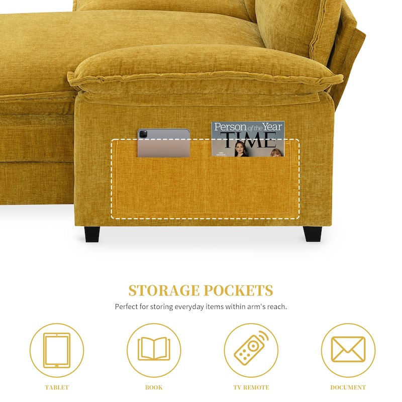 Chenille Upholstered Sectional Sofa with Chaise and Storage Pockets, 5 Seat Lounge Cloud Couch L-shaped Recliner Couches