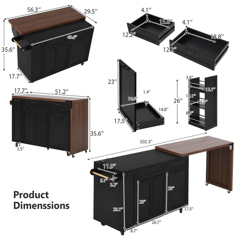 Mobile Kitchen Cart with Pull Out Dining Table Storage Drawers and Spice Rack