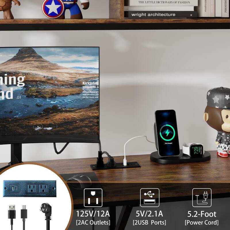 Twin Size Loft Bed with L-Shaped Desk, Charging Station, Fabric Drawers, Shelves, and Safety Guardrail