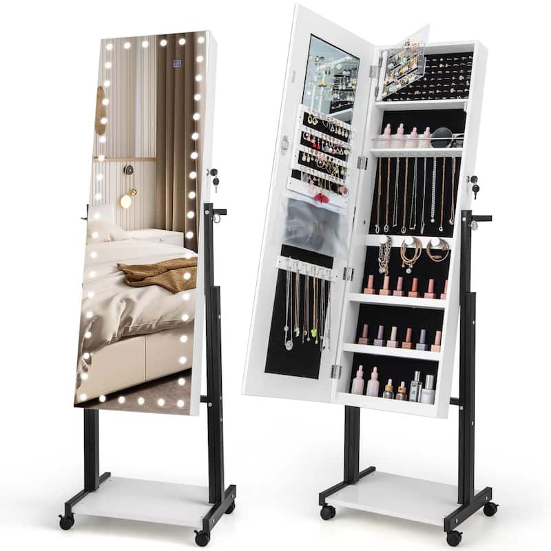 Costway 3 Color 46 LED Lights Mirror Jewelry Cabinet Armoire - See Details - White