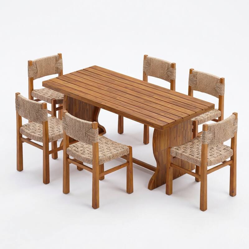 Christopher Knight Home - 7-Piece Solid Acacia Wood Outdoor Dining Table Set with Wicker Woven Dining Chairs