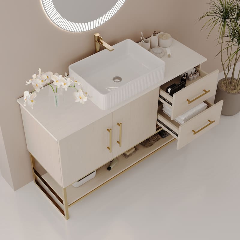 GDFStudio - Modern 47.2" Freestanding Wood Bathroom Vanity with Ceramic Vessel Sink, Gold Accent & Soft-Close Drawers