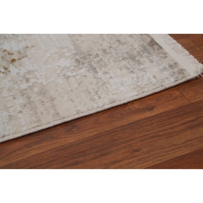 Machine Made Oriental Polyester Carpet Abstract Beige & Ivories Distressed Area Rug - 7' 5'' X 5' 2''