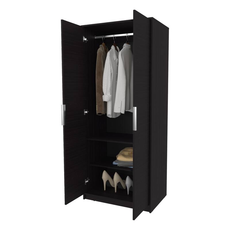 Wardrobe Berlin, Two Doors, Hanging Rod, Two Shelves, Shoe Rack, Bedroom, Wengue