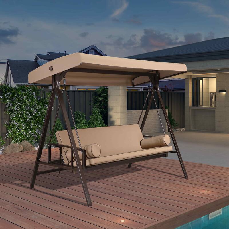 PURPLE LEAF 3-seat Outdoor Patio Porch Swing Adjustable Backrest, Cushions and Pillow Included