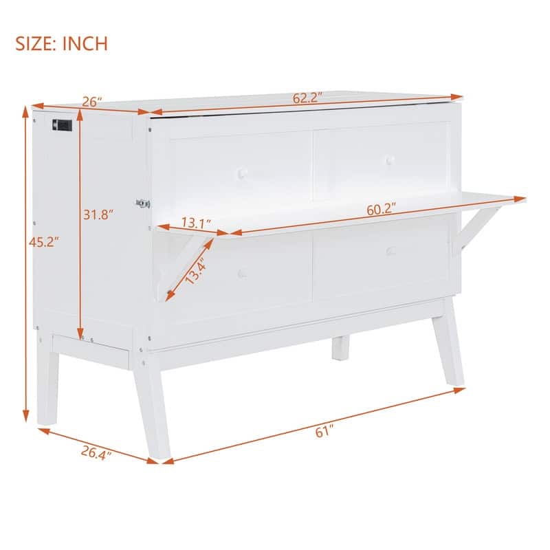 Queen Size Murphy Bed Chest with Desk, USB Port,Removable Shelves on Each Side