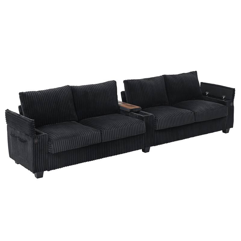 133-In Corduroy Sectional Sofa with USB Ports, Hidden Storage Arms, Flip-Top Cup Holders