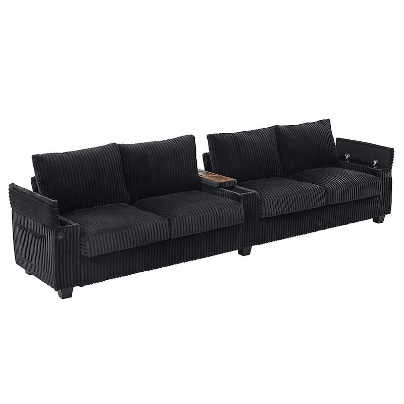 4-seater Corduroy Sofa with Storage, Cup Holders, USB Ports, 133" Length, Black