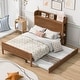 preview thumbnail 1 of 9, Full Size Platform Bed with Storage Headboard Multifunctional Wooden Bedframe with Twin Size Trundle for Kids Teens Bedroom Walnut - Full
