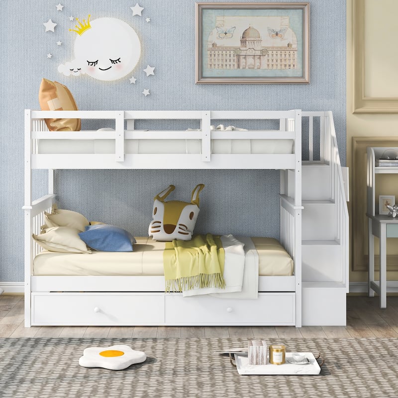 Twin-Over-Twin Bunk Bed with Trundle, White, Pinewood, Storage Shelves, No Box Spring Required