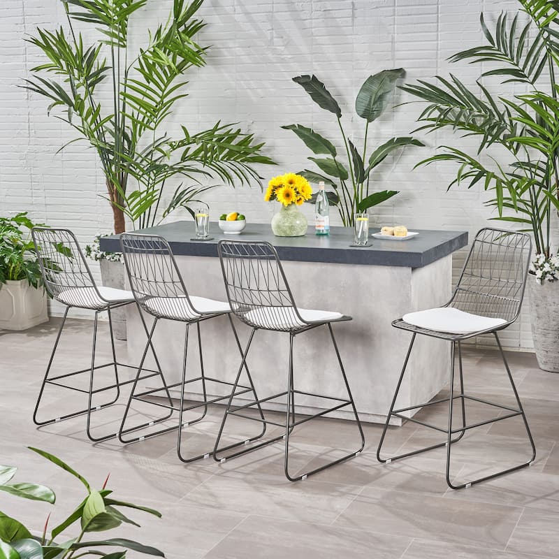 Niez Outdoor Wire Counter Stools (Set of 4) by Christopher Knight Home - N/A - Gray Finish + Ivory Cushion