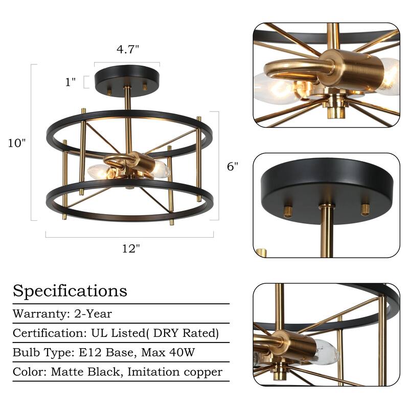 Modern 2-Light Black Gold Drum Chandelier Semi Flush Light Fixture - 12'' D x 10'' H