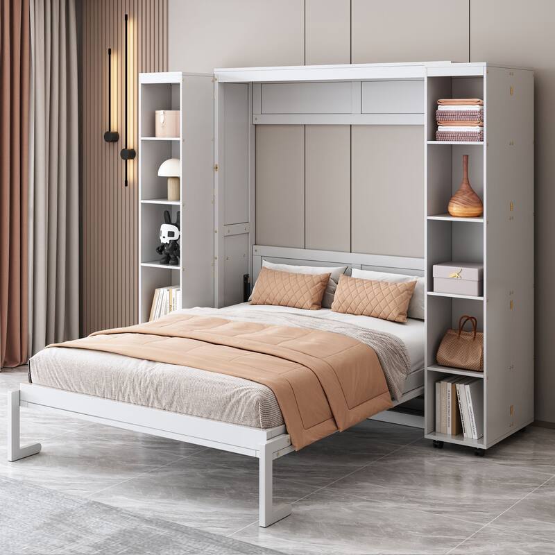 Queen Murphy Bed with Storage Bookcase, Space Saving Queen Foldable Wood Wall Bedframe for Guest Room, Home Office, Bedroom - White - Queen
