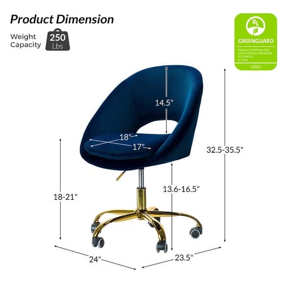 dimension image slide 1 of 18, HULALA HOME Ramona Modern Velvet Height Adjustable 360 Swivel Task Chair with Metal Base
