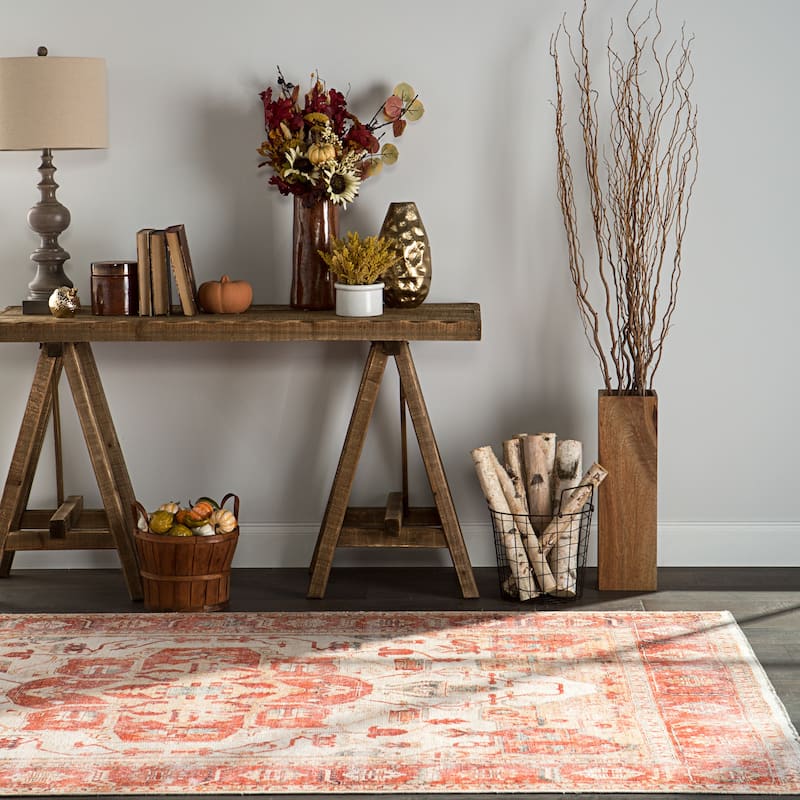 Porch & Den Quinn Printed Medallion Orange/ Ivory Area Rug