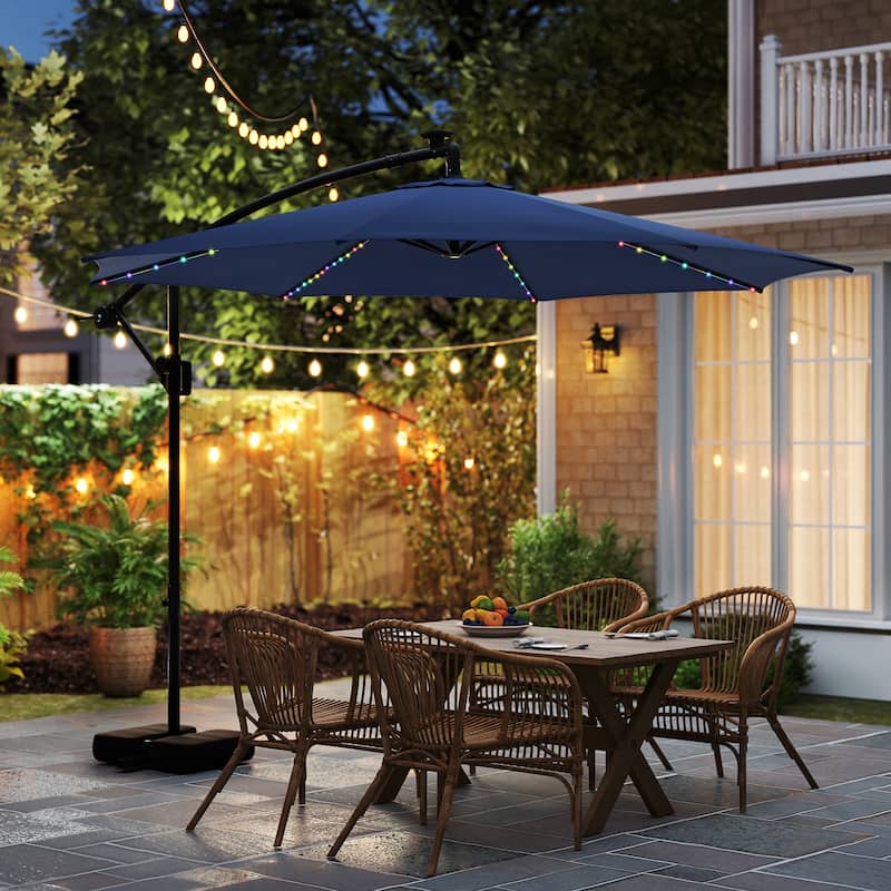 Costway 10 FT Solar Offset Hanging Umbrella with Base Patio Cantilever