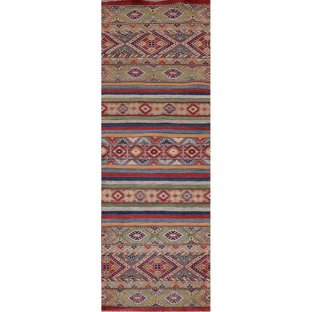 Striped Kazak Oriental Runner Rug Hand-Knotted Wool Carpet - 2'8" x 9'5"