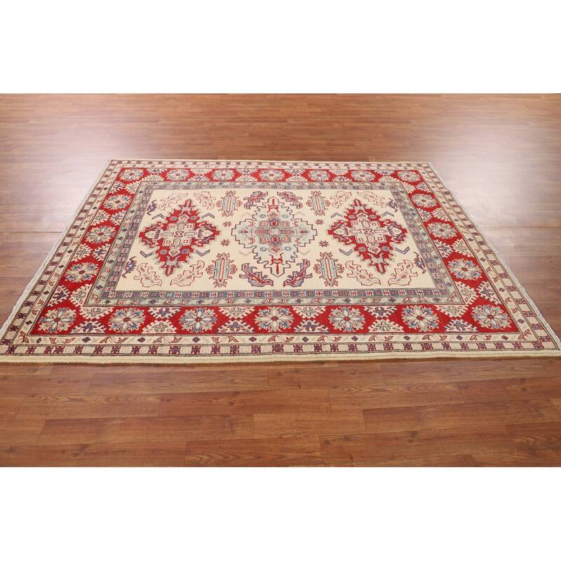 Beige / Ivory Kazak Area Rug Hand-Knotted Wool Carpet - 5'1" x 6'11"