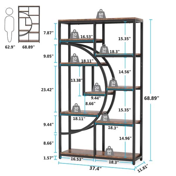 dimension image slide 1 of 5, Bookshelf 5 Shelf Industrial Etagere Bookcase for Bedroom, Living Room, Home Office