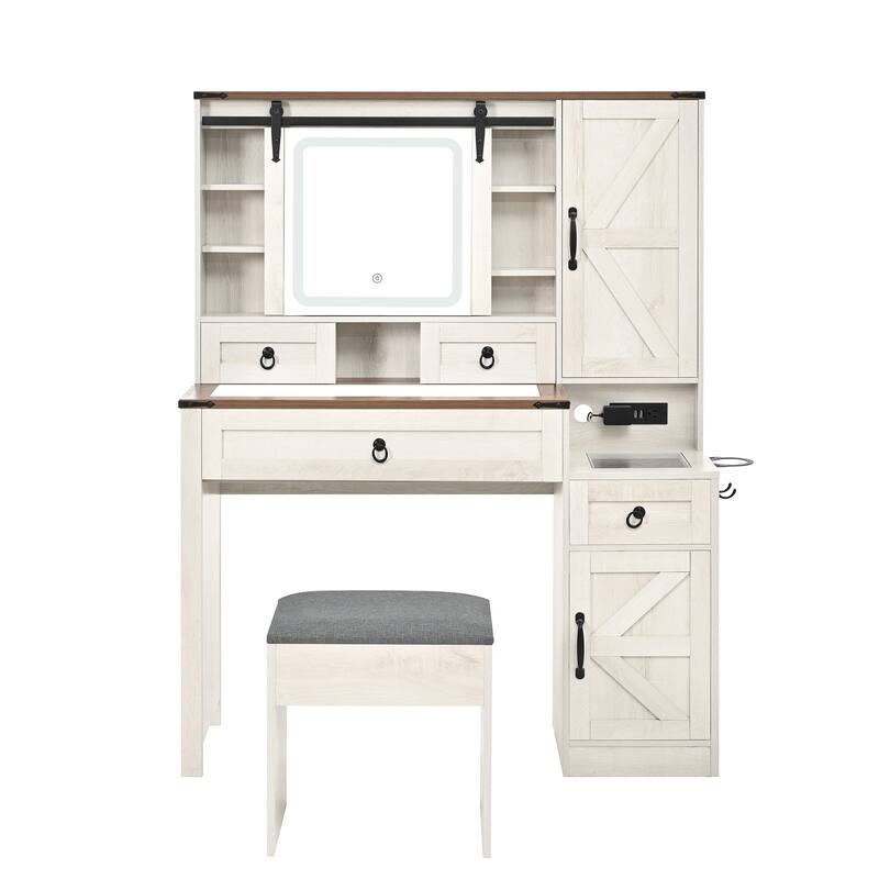 Farmhouse Vanity Desk with Sliding Mirror, Lights & Glass Top, 4 Drawers & 2 Cabinets with Stool
