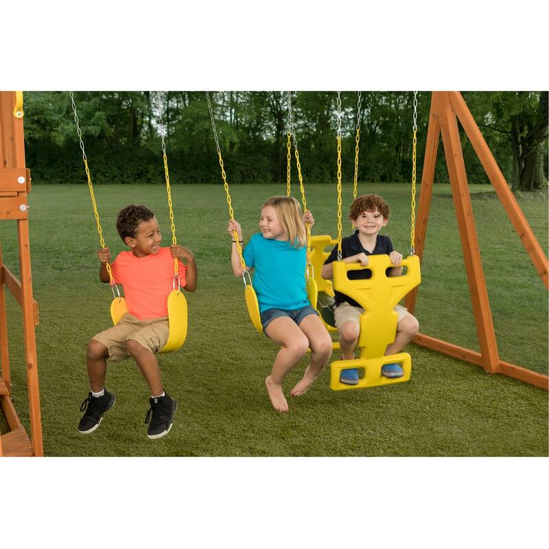 Sky View Wooden Swing Set with Slide, Glider, Picnic Table, and Playset Accessories