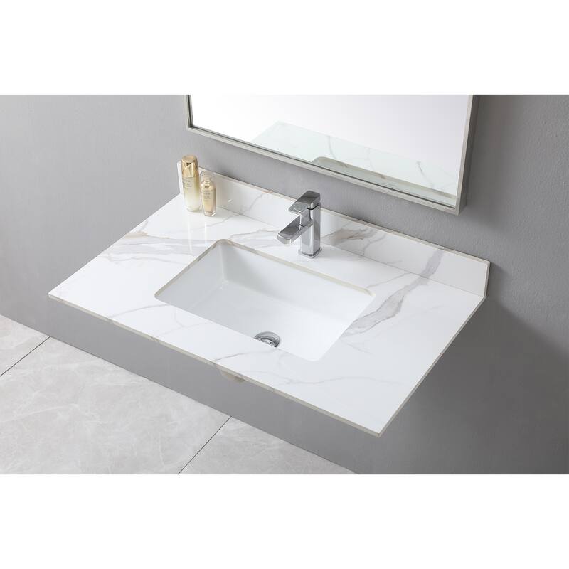Elegant 37 Inch Carrara Marble Style Vanity Top, Pre-Sealed and Polished with White Ceramic Sink and Backsplash - 37.01in L