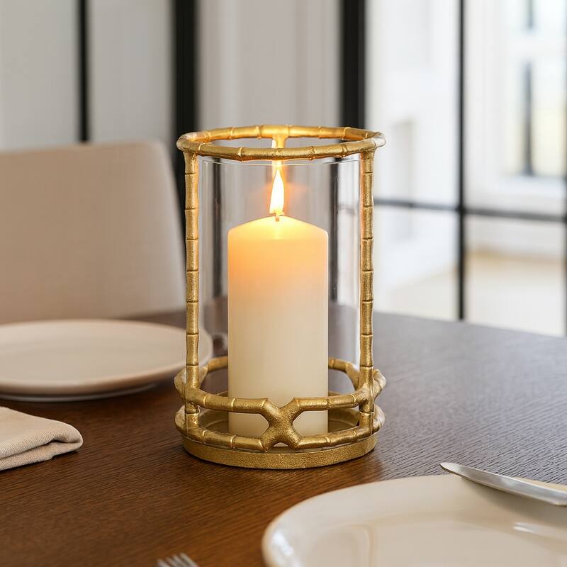 Aluminum Glass Sleek Hurricane Candle Holder - Gold, 9 in.