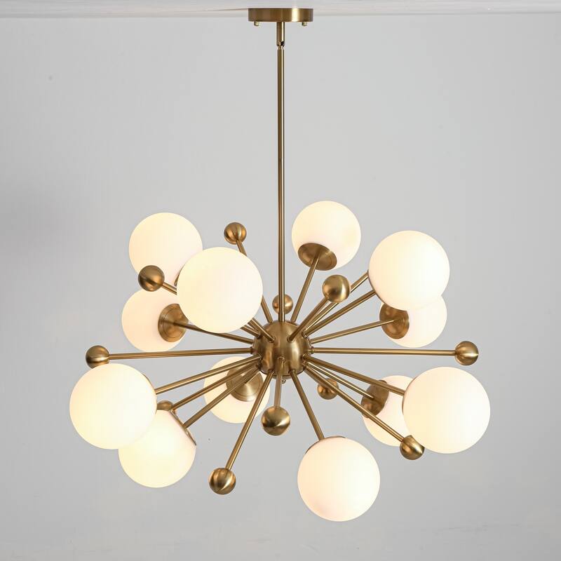 12-Light Brass and Glass Globe Sputnik Chandelier - Mid-Century Modern Ceiling Light for Living Room - 12 Light