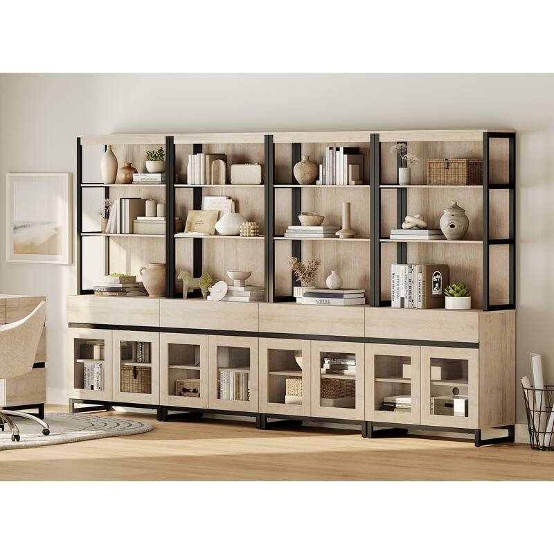 4 PCS Modern 72" Tall Bookcase with 4 Drawers and Open Book Shelfs for Home Office, Living room.