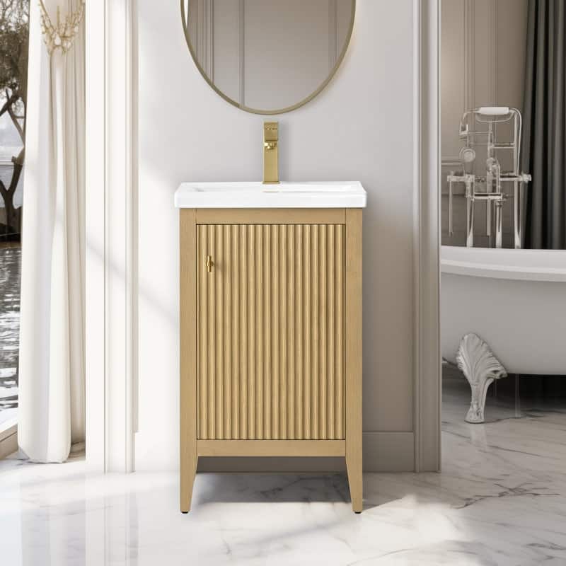 Vanity Art 20" Single Sink Bathroom Vanity Cabinet with Ceramic Top - 20"/Golden Brushed Handle - Linear Natural Oak