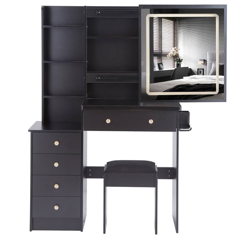 Vanity Table with Control LED Sliding Mirror, Dressing Table Set with USB Power Station, Makeup Stool with Hair Dryer Stand
