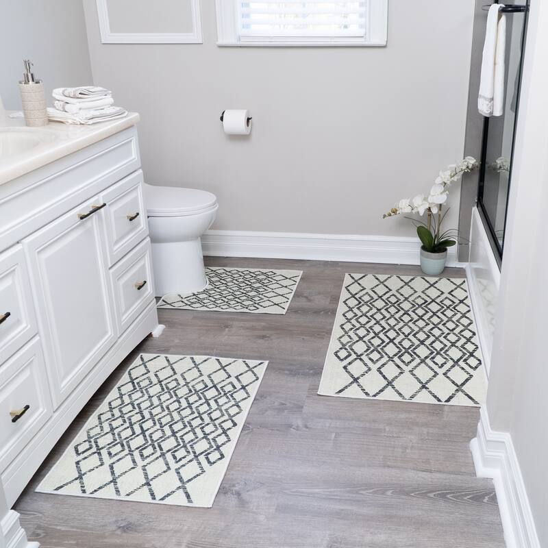 Geometric Design 3 Piece Bathroom Rugs Set - Non-Slip Ultra Thin Bath Rugs for Bathroom Floor - Washable Bathroom Mats Set - Geometric Daimond-Ivory