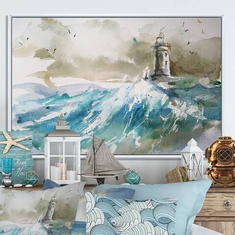 Designart 'Lighthouse Over Massive Waves II' Nautical & Coastal Framed Canvas Art Print