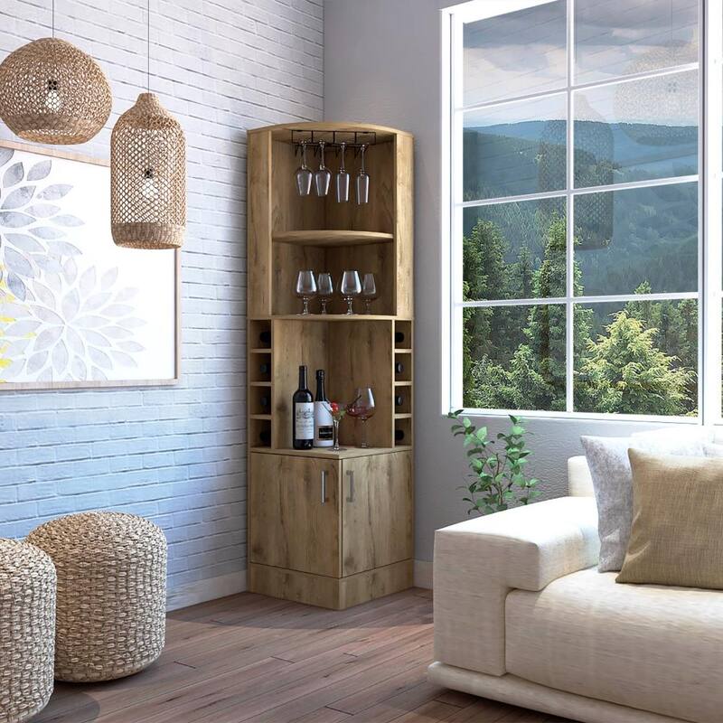 Syrah Corner Bar Cabinet, Eight Bottle Cubbies, Double Door, Two Open Shelves - Old Pine