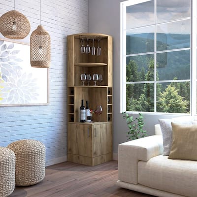 Syrah Corner Bar Cabinet, Eight Bottle Cubbies, Double Door, Two Open Shelves