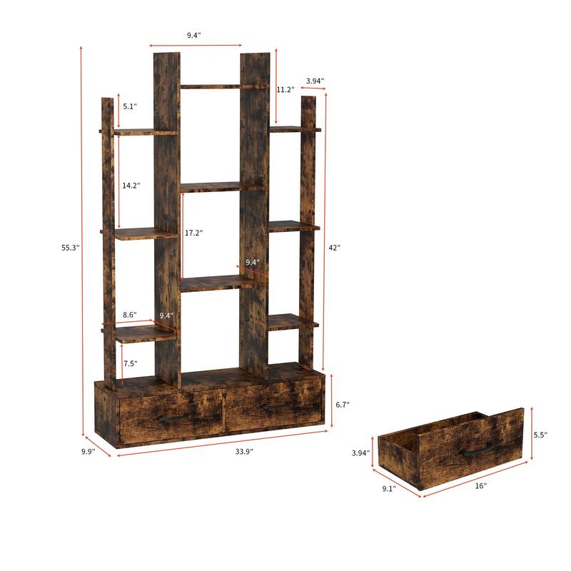 Bookshelf with 2 Drawers,Freestanding Open Display Shelving,Open Bookcase,12 Storage Shelves,Book Case