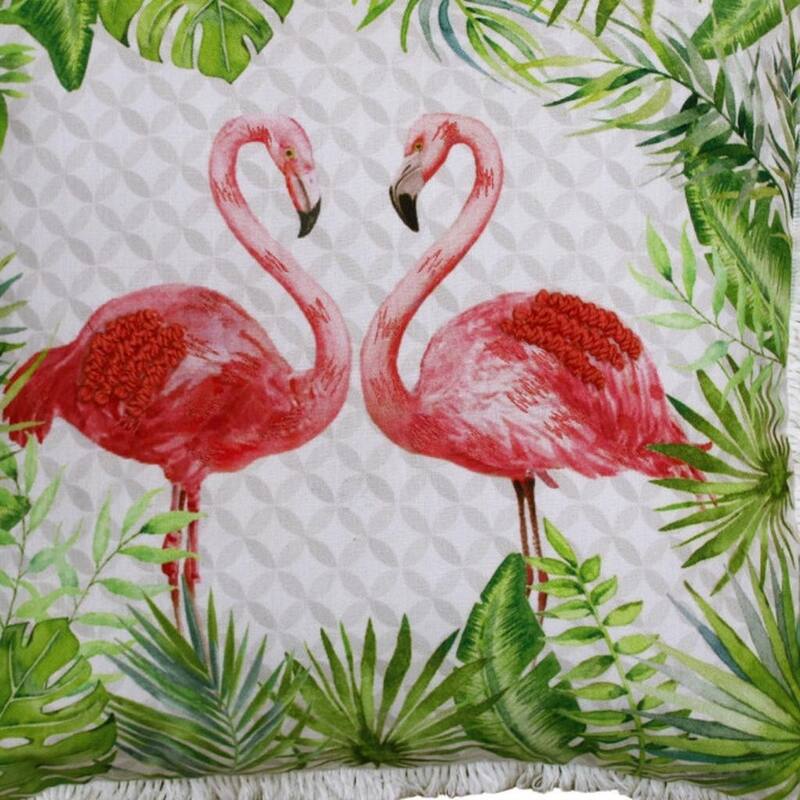 20" Off White Pink And Green Flamingo Throw Pillow Cover with Fringe