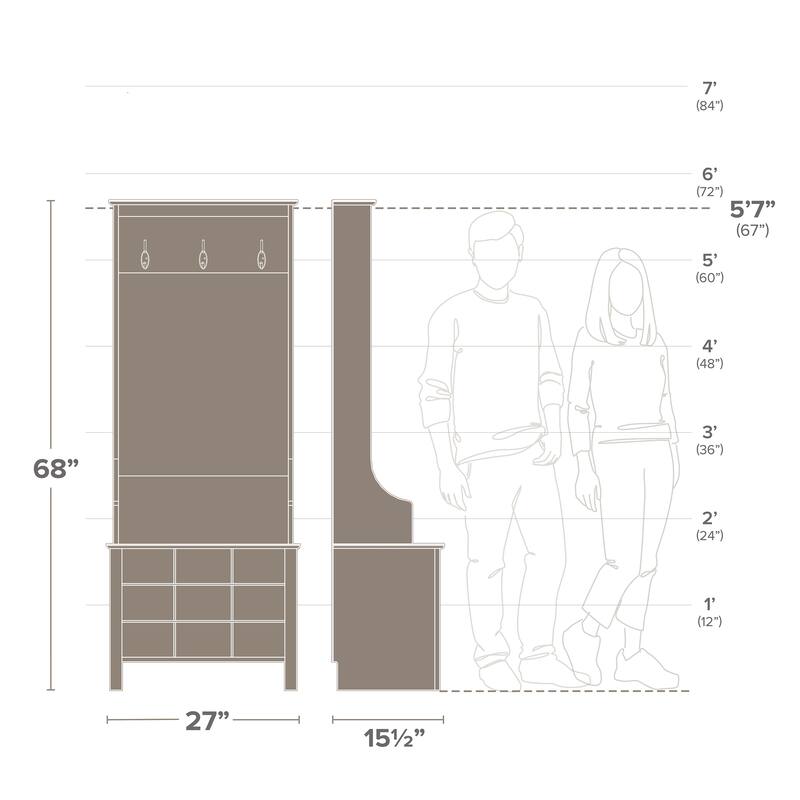 Prepac Narrow Hall Tree with 9 Shoe Cubbies - 27 in W x 68 in H x 15.5 in D