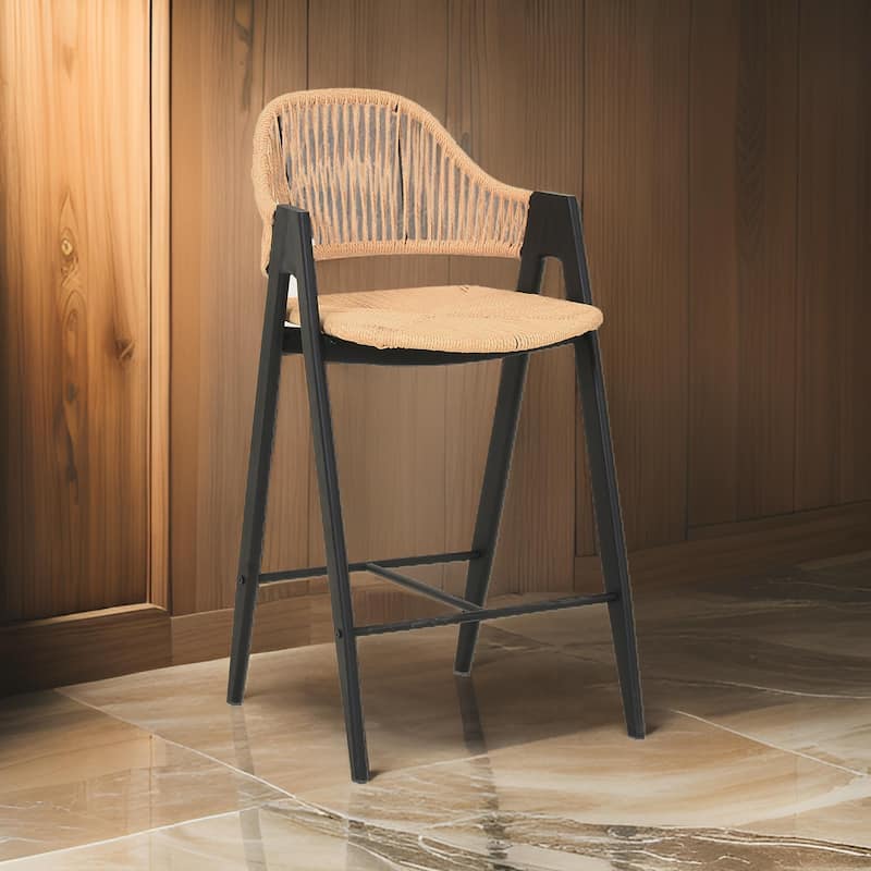 26 Inch Counter Stool Chair Set of 2, Woven Back, Iron Frame, Rattan, Beige